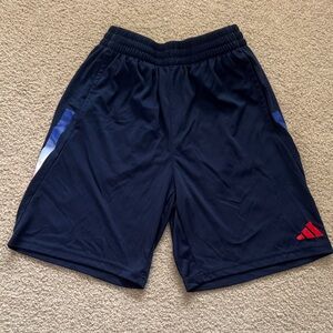 adidas Navy Athletic Shorts with Red Logo and Blue Accents